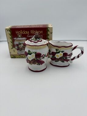 Holiday Ribbon Ceramic Sugar & Creamer Set